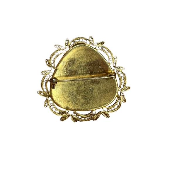 Vintage 60s Damascene Bird Floral Ornate Filigree Brooch - Picture 2 of 5